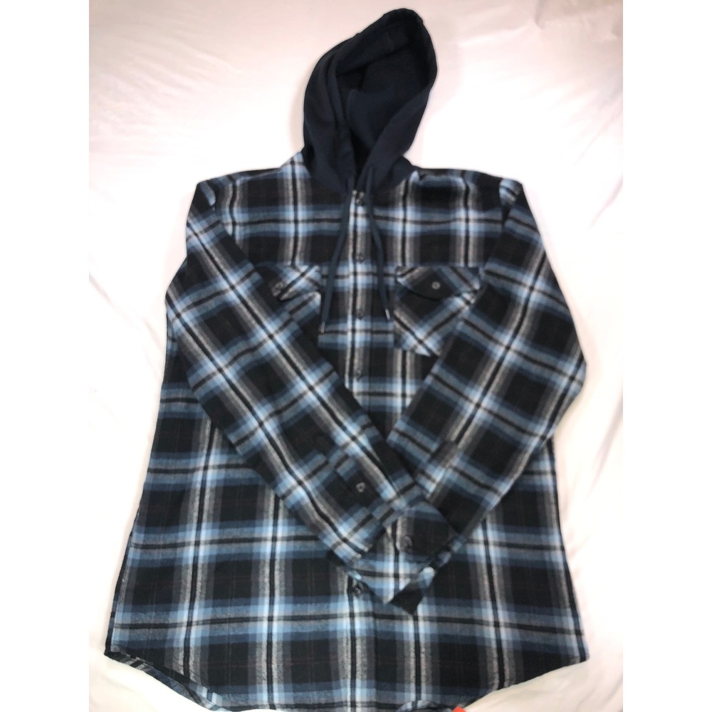 Burnside Mens Plaid Hooded Flannel Shirt Blue Black Long Sleeve BD8291 Size M
